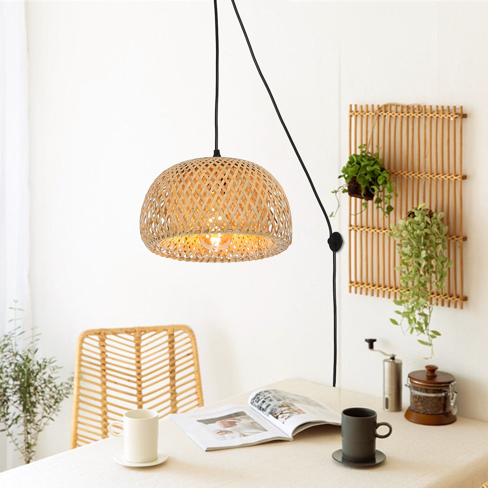 Woven Bamboo Dome Plug-In Pendant Light