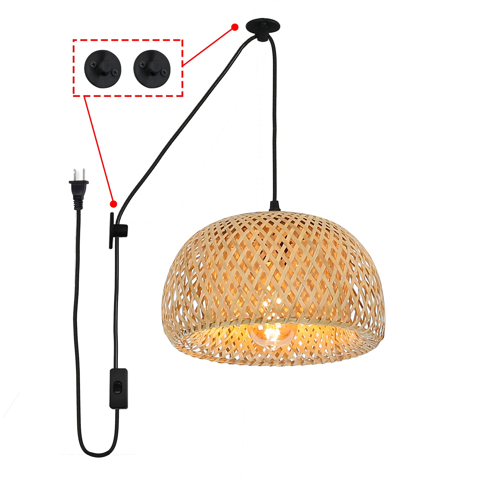 Woven Bamboo Dome Plug-In Pendant Light