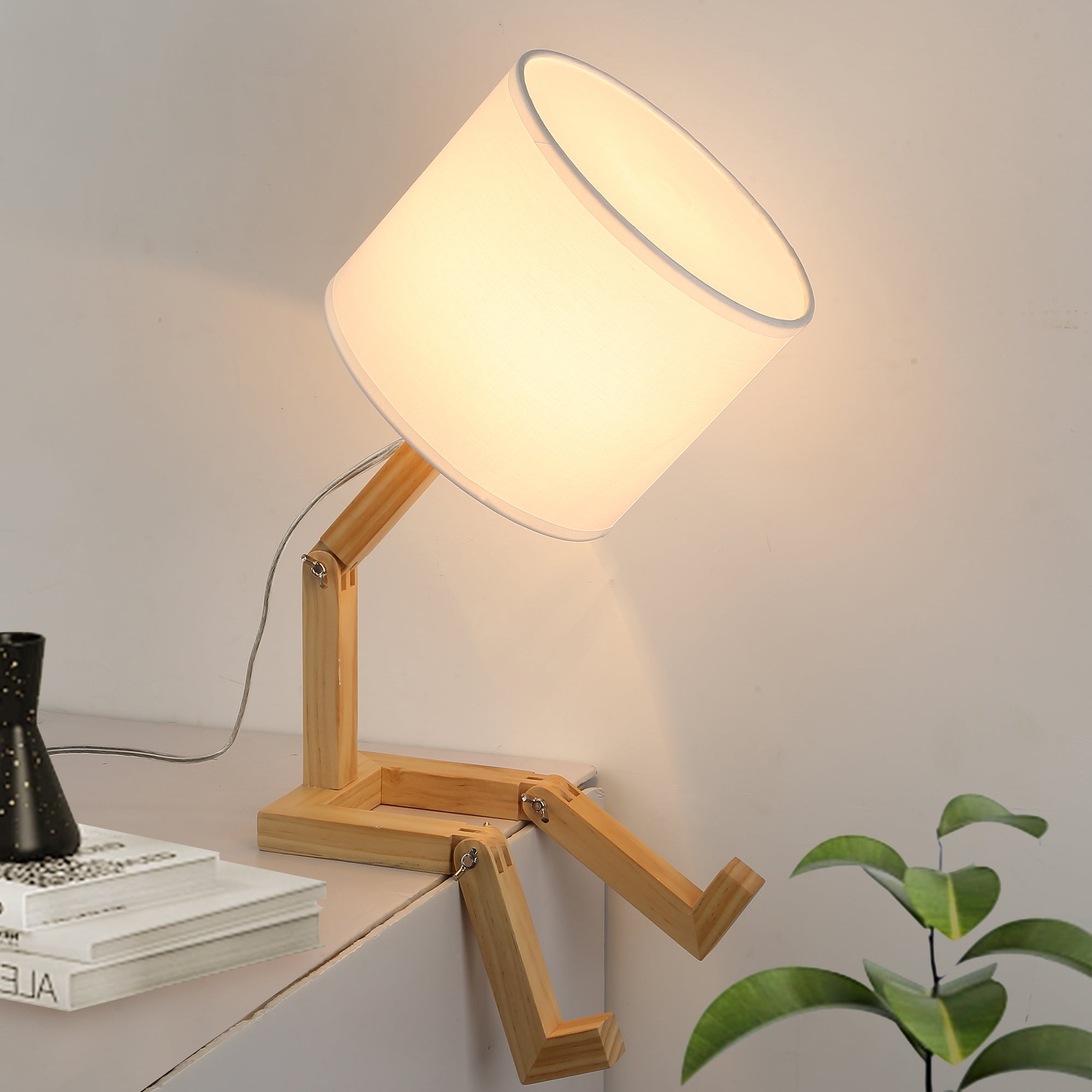 Adjustable Wood Table Lamp with White Fabric Shade