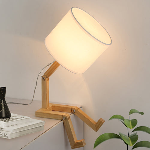 Adjustable Wood Table Lamp with White Fabric Shade