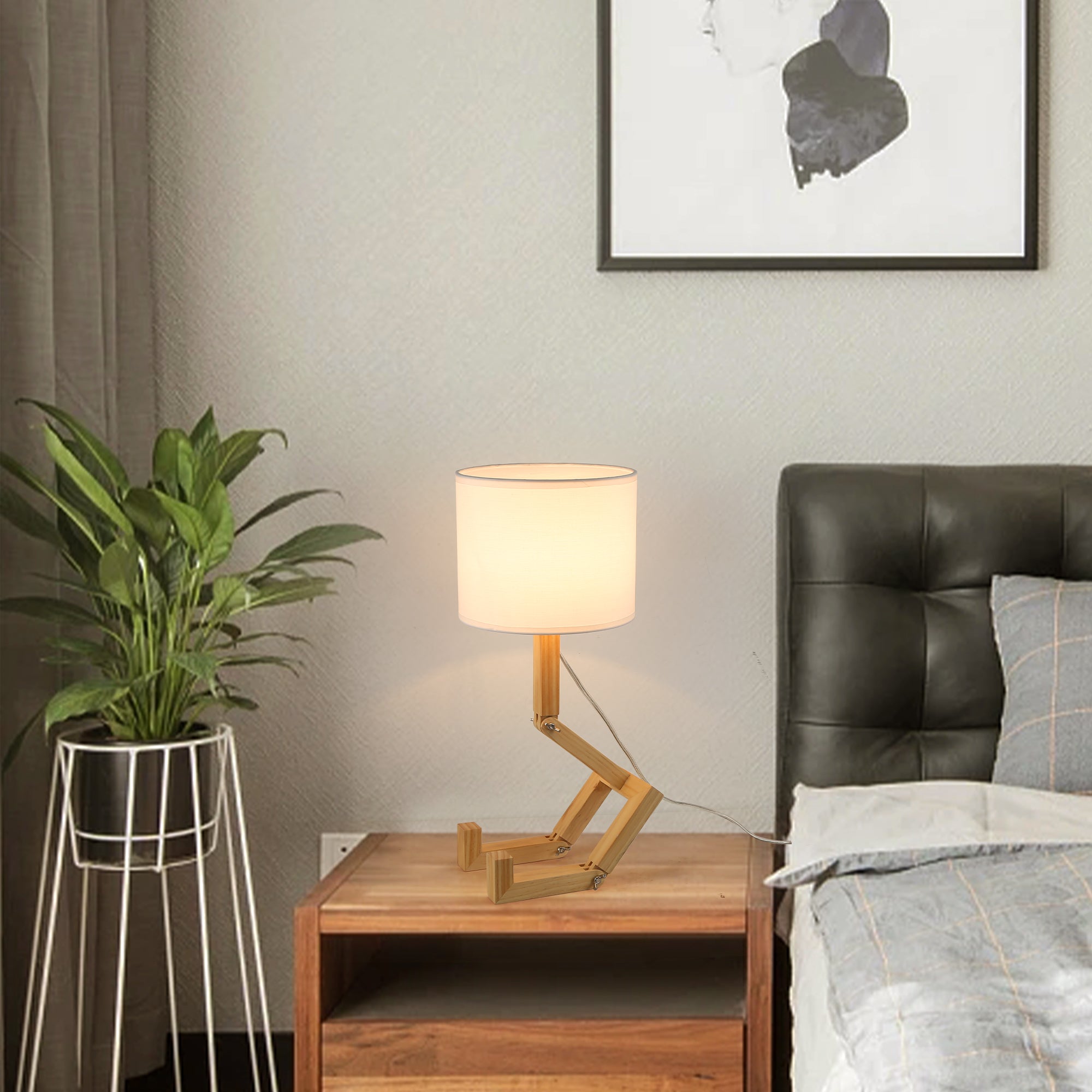 Adjustable Wood Table Lamp with White Fabric Shade