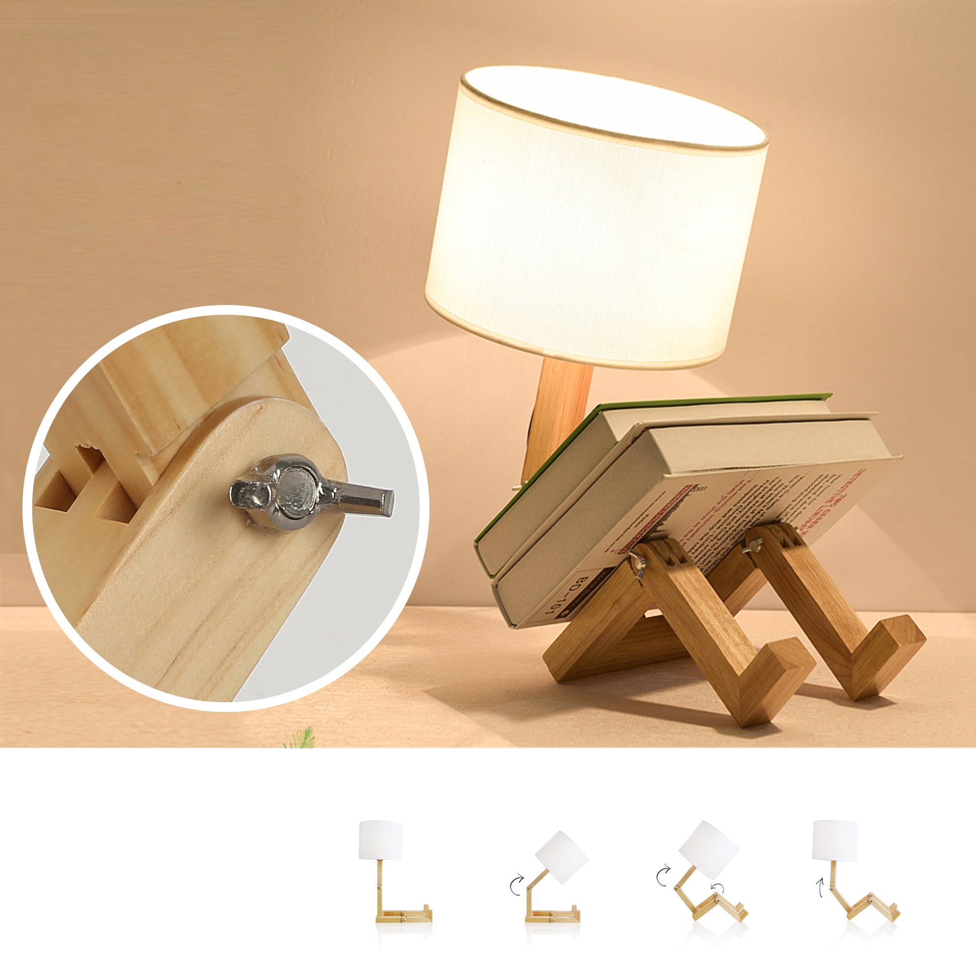 Adjustable Wood Table Lamp with White Fabric Shade