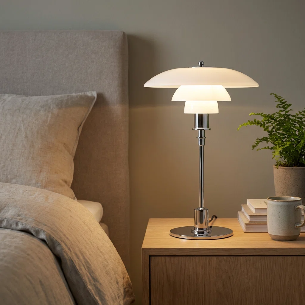 Chrome Layered Reflector Table Lamp with White Shade