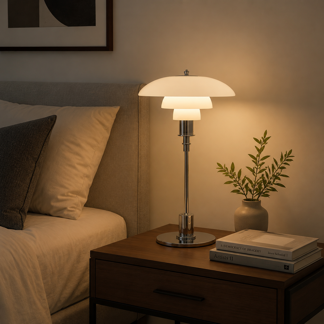 Chrome Layered Reflector Table Lamp with White Shade