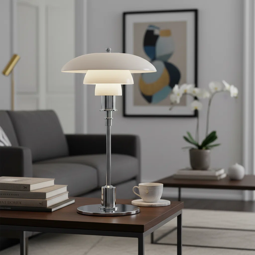 Chrome Layered Reflector Table Lamp with White Shade
