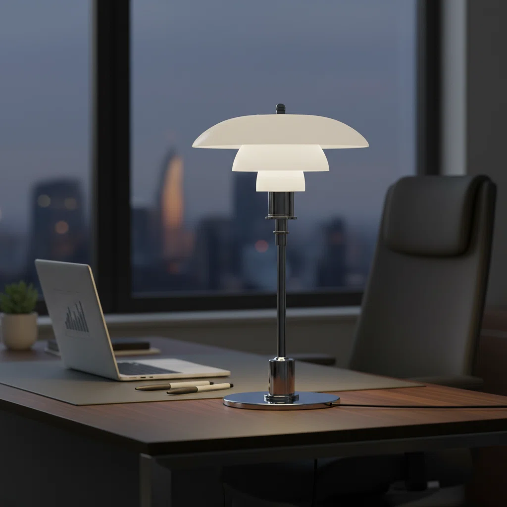 Chrome Layered Reflector Table Lamp with White Shade