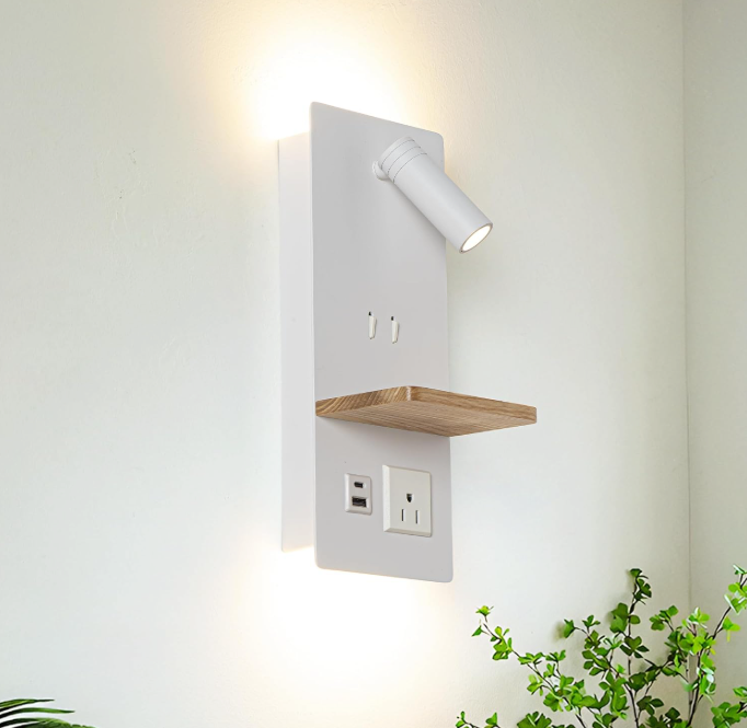 Bedside Shelf Wall Sconce with LED Reading Light, USB-C & Outlet