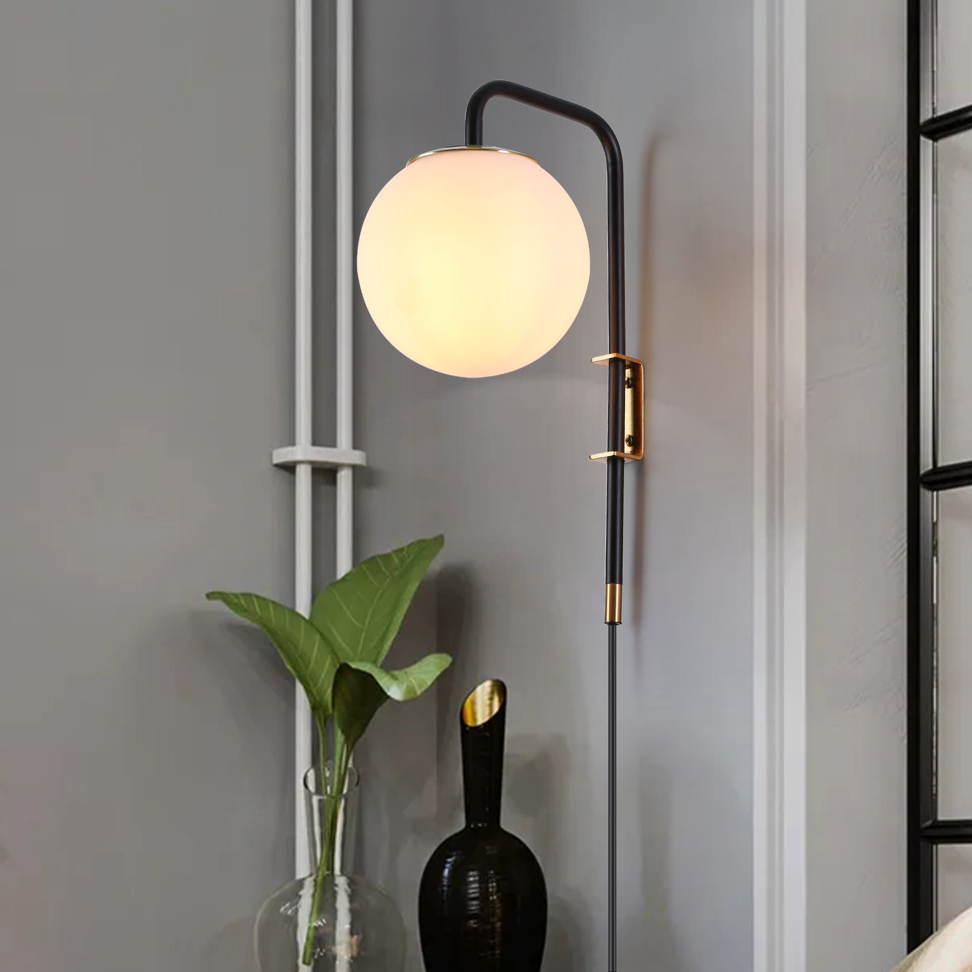 Opal Globe Plug-In Wall Sconce with Matte Black and Brass Finish