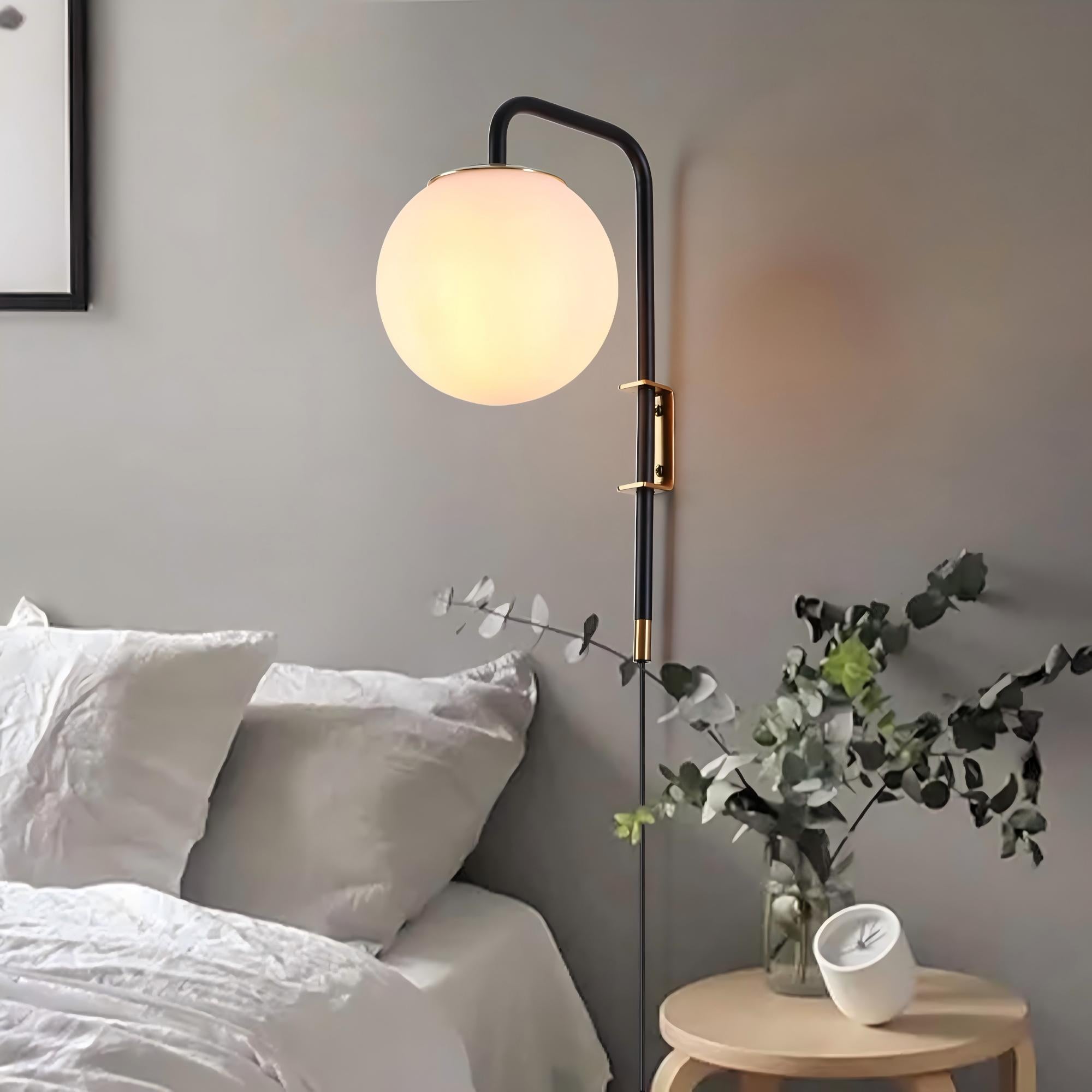 Opal Globe Plug-In Wall Sconce with Matte Black and Brass Finish