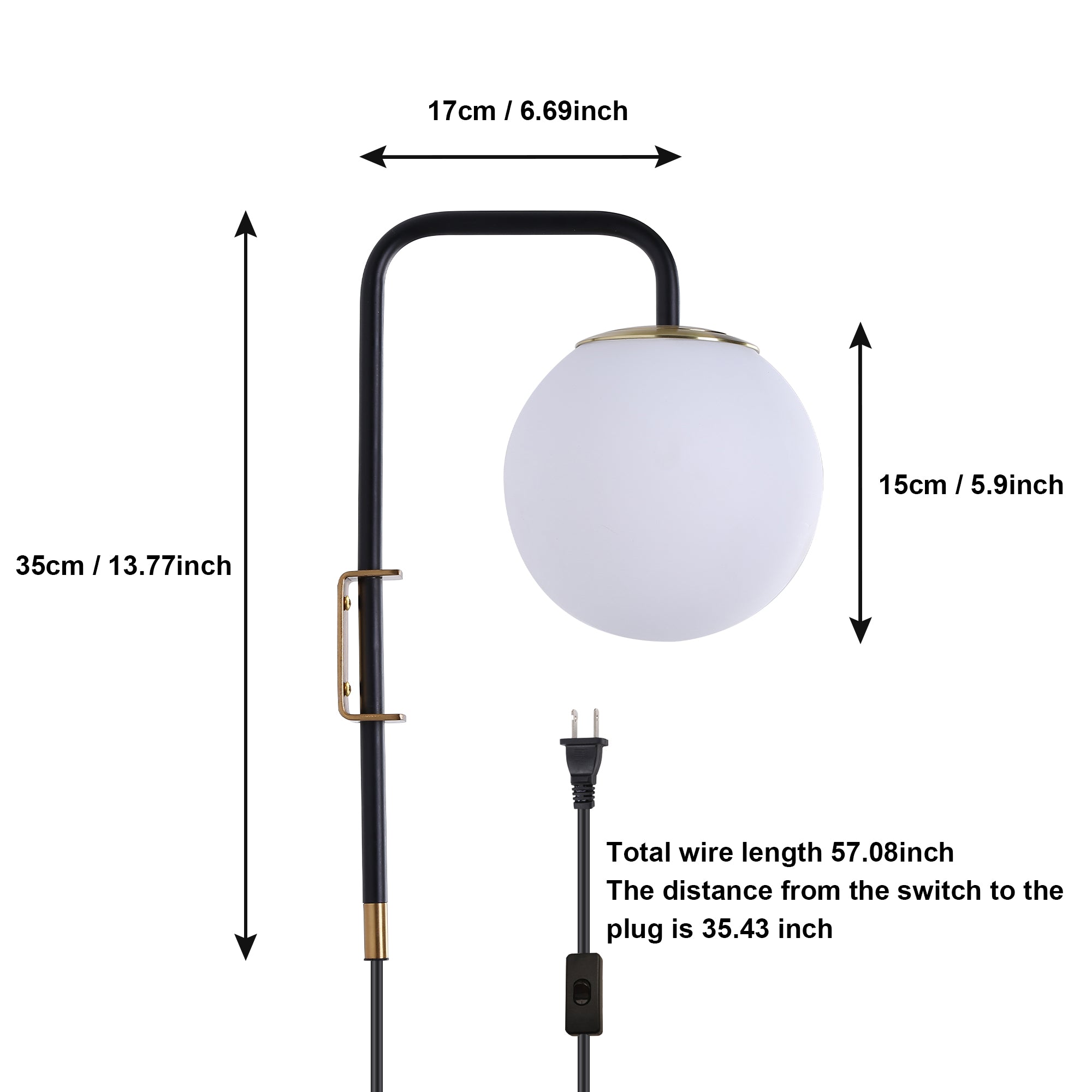 Opal Globe Plug-In Wall Sconce with Matte Black and Brass Finish