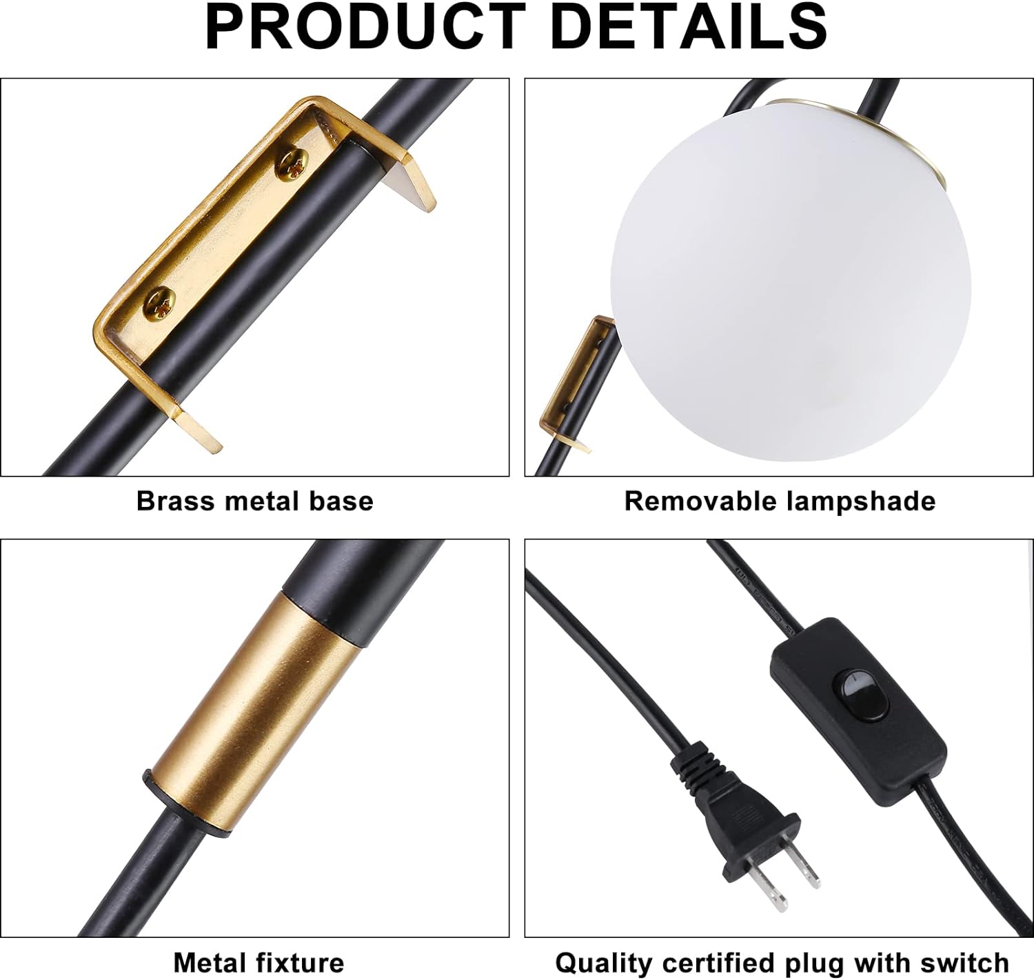 Opal Globe Plug-In Wall Sconce with Matte Black and Brass Finish