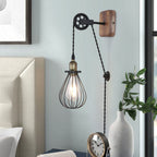 Industrial Pulley Plug-In Wall Sconce with Wire Cage Shade