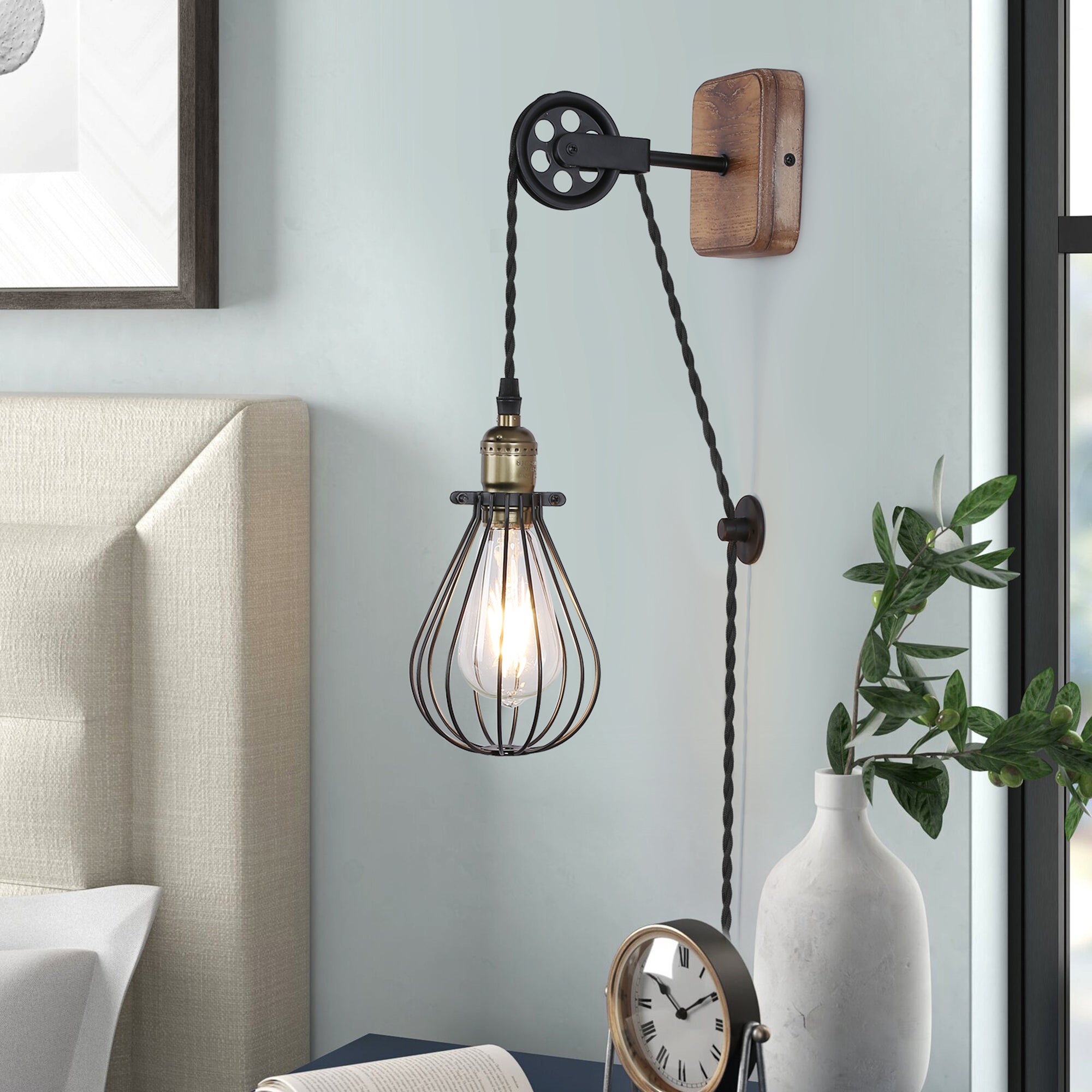 Industrial Pulley Plug-In Wall Sconce with Wire Cage Shade