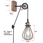 Industrial Pulley Plug-In Wall Sconce with Wire Cage Shade