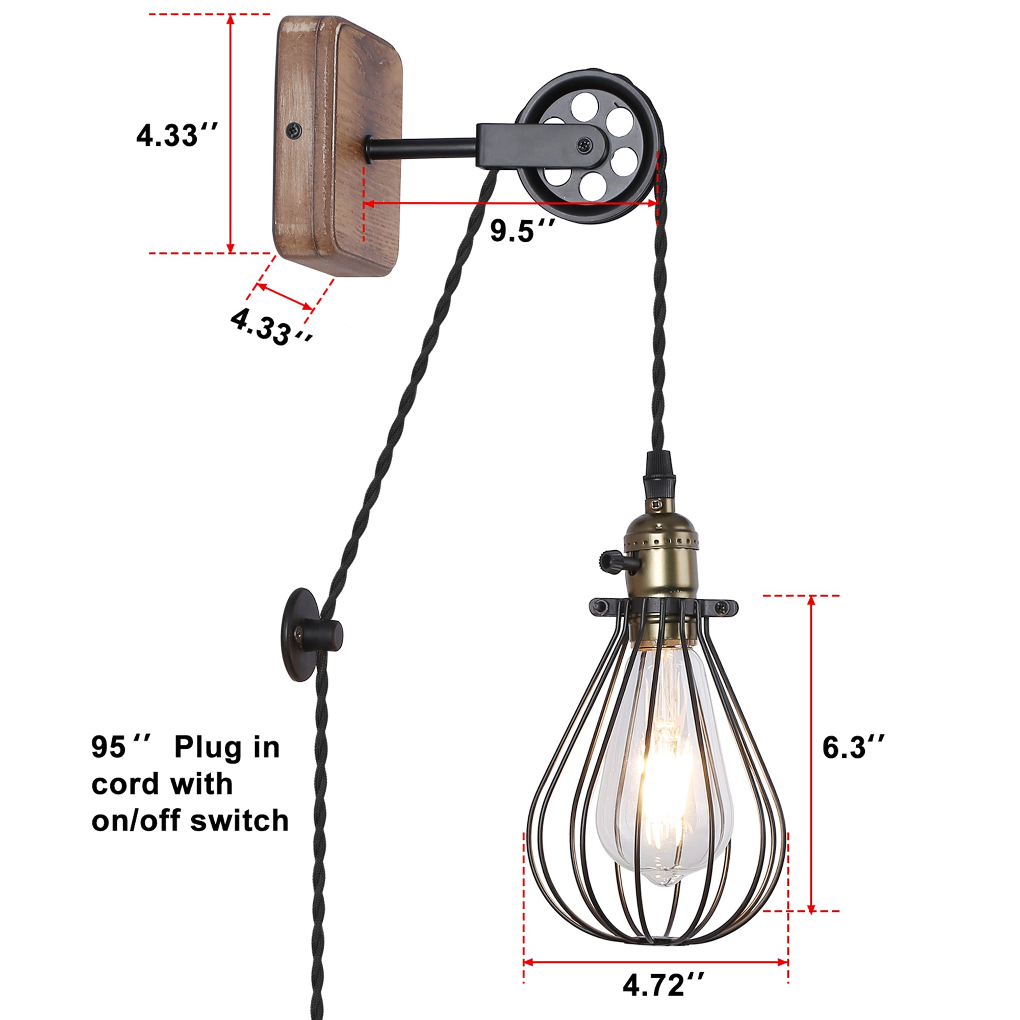 Industrial Pulley Plug-In Wall Sconce with Wire Cage Shade