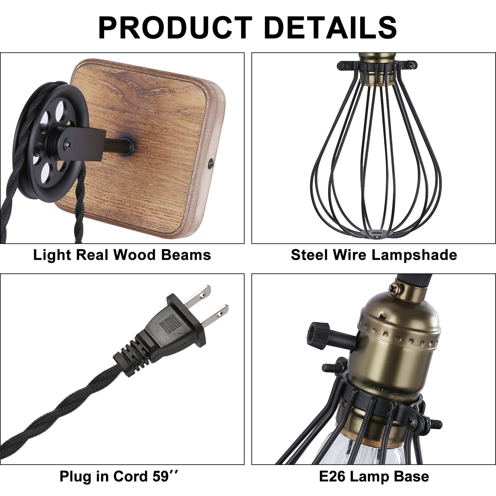 Industrial Pulley Plug-In Wall Sconce with Wire Cage Shade