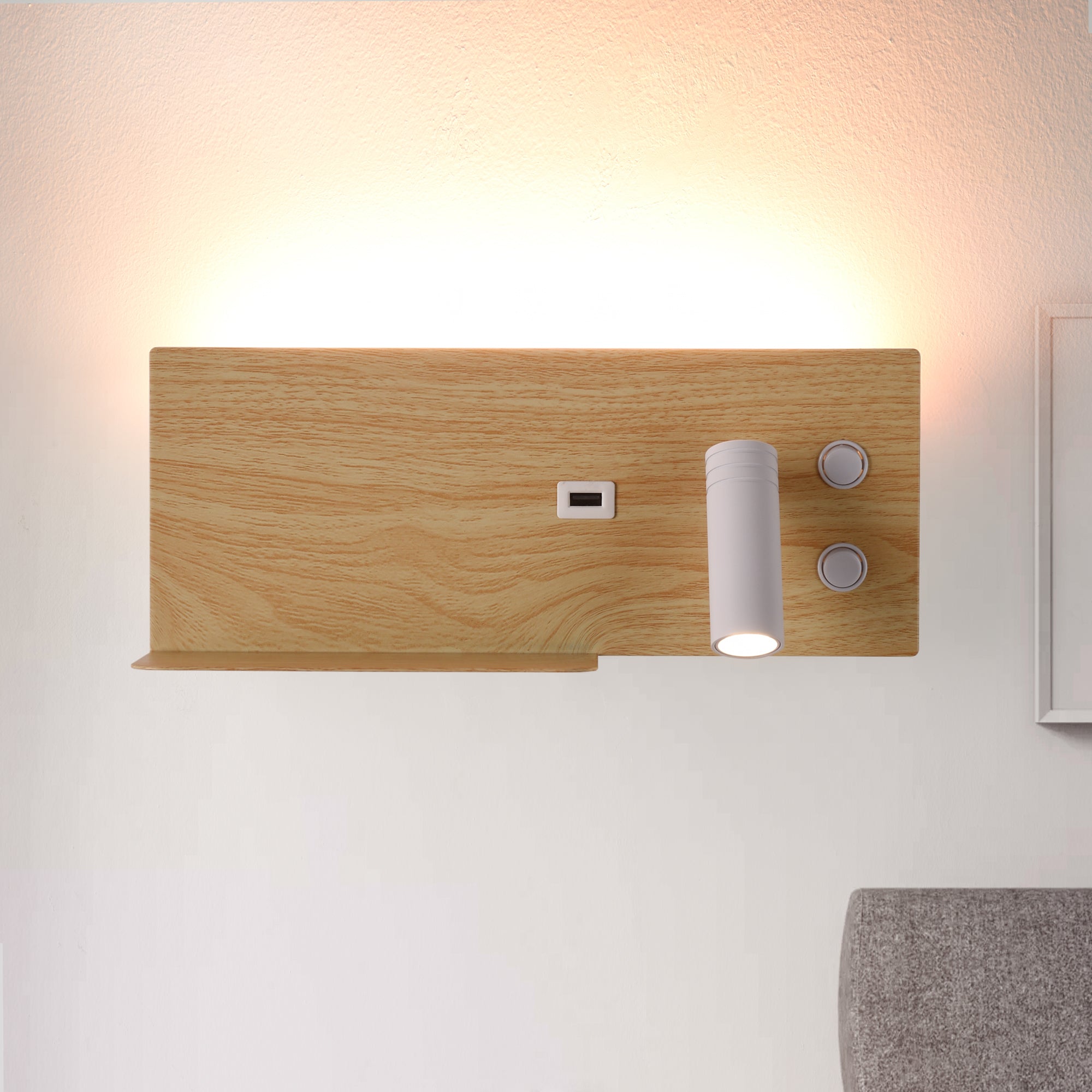 Bedside Shelf Wall Sconce with Adjustable LED Reading Light and USB Port