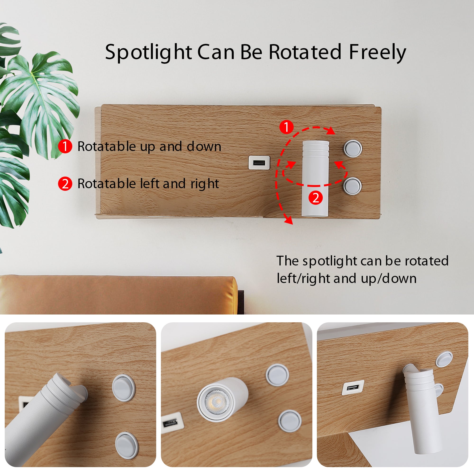 Bedside Shelf Wall Sconce with Adjustable LED Reading Light and USB Port
