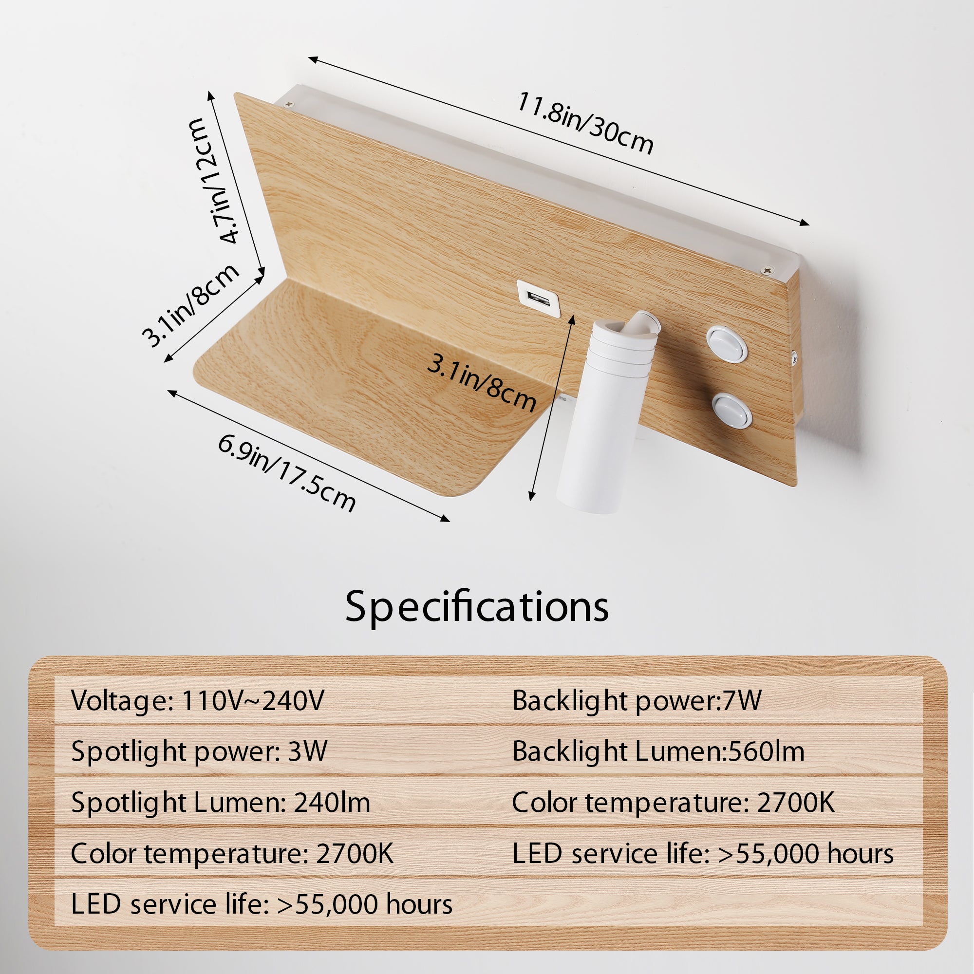 Bedside Shelf Wall Sconce with Adjustable LED Reading Light and USB Port