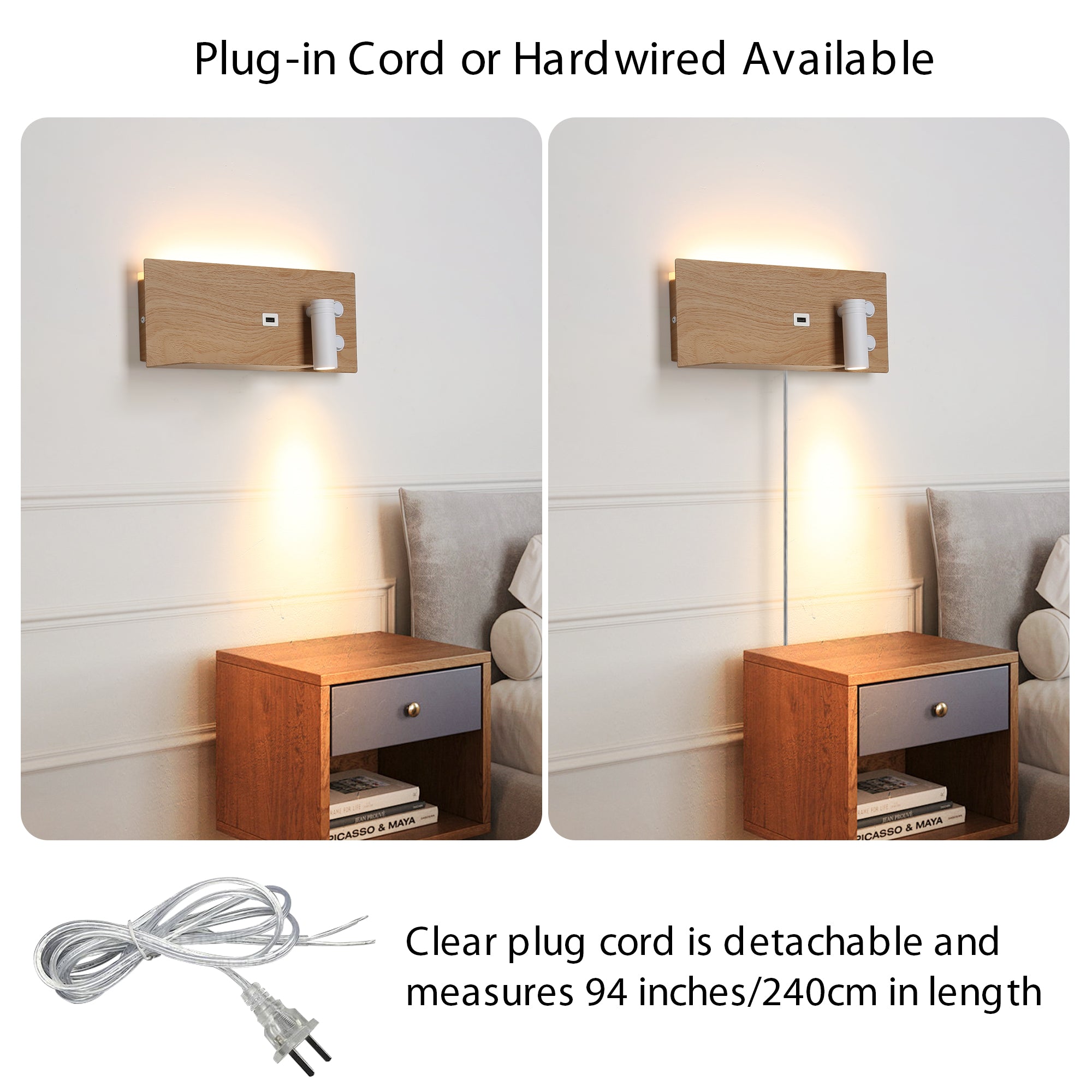 Bedside Shelf Wall Sconce with Adjustable LED Reading Light and USB Port