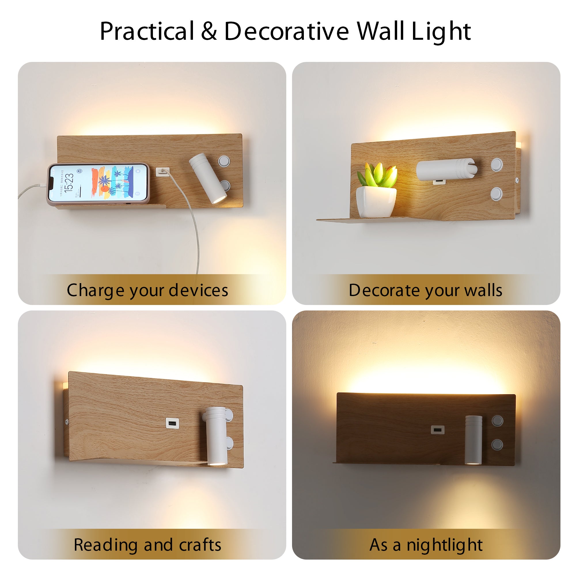 Bedside Shelf Wall Sconce with Adjustable LED Reading Light and USB Port