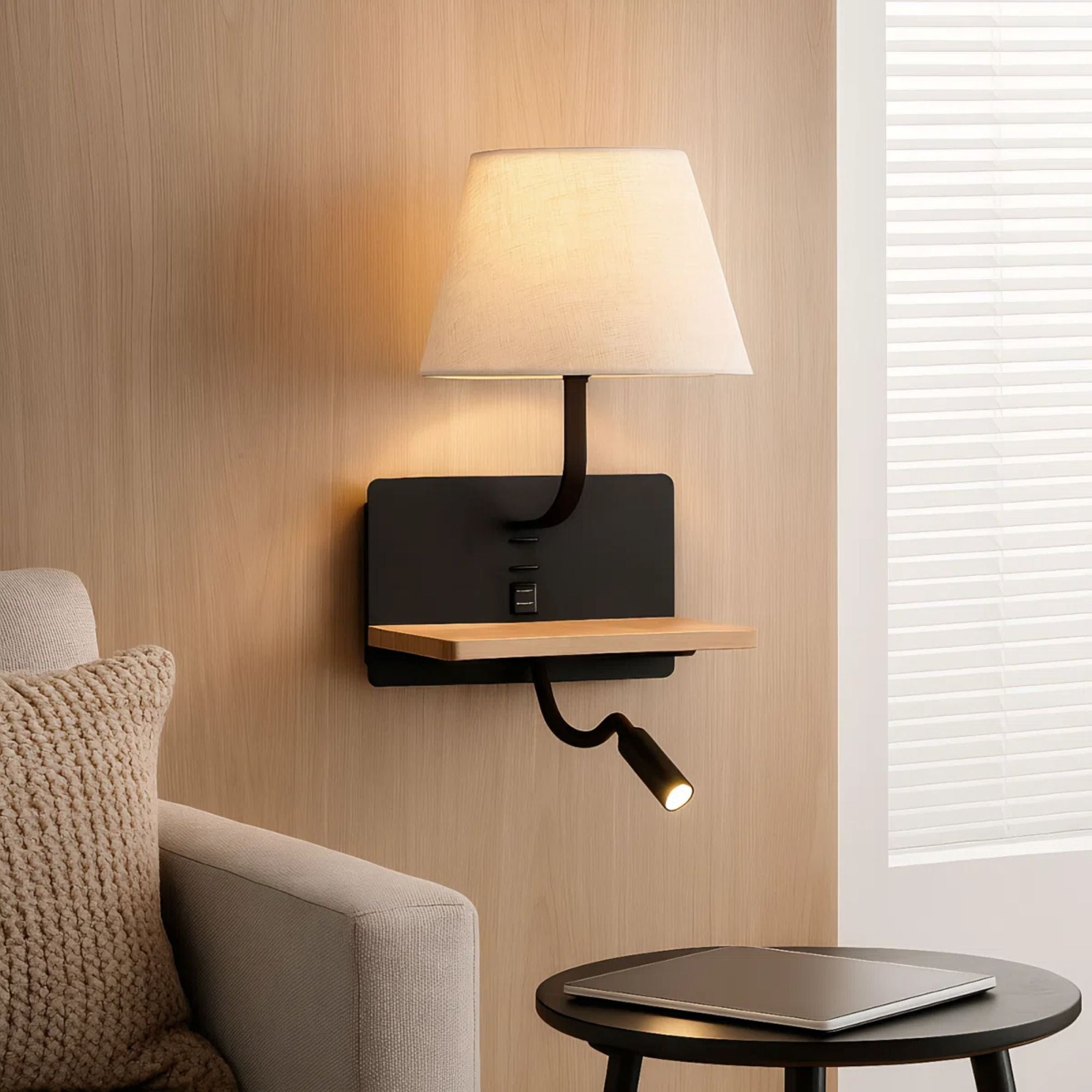 Dual-light bedside shelf wall sconce with fabric shade, reading light, USB ports and natural wood shelf