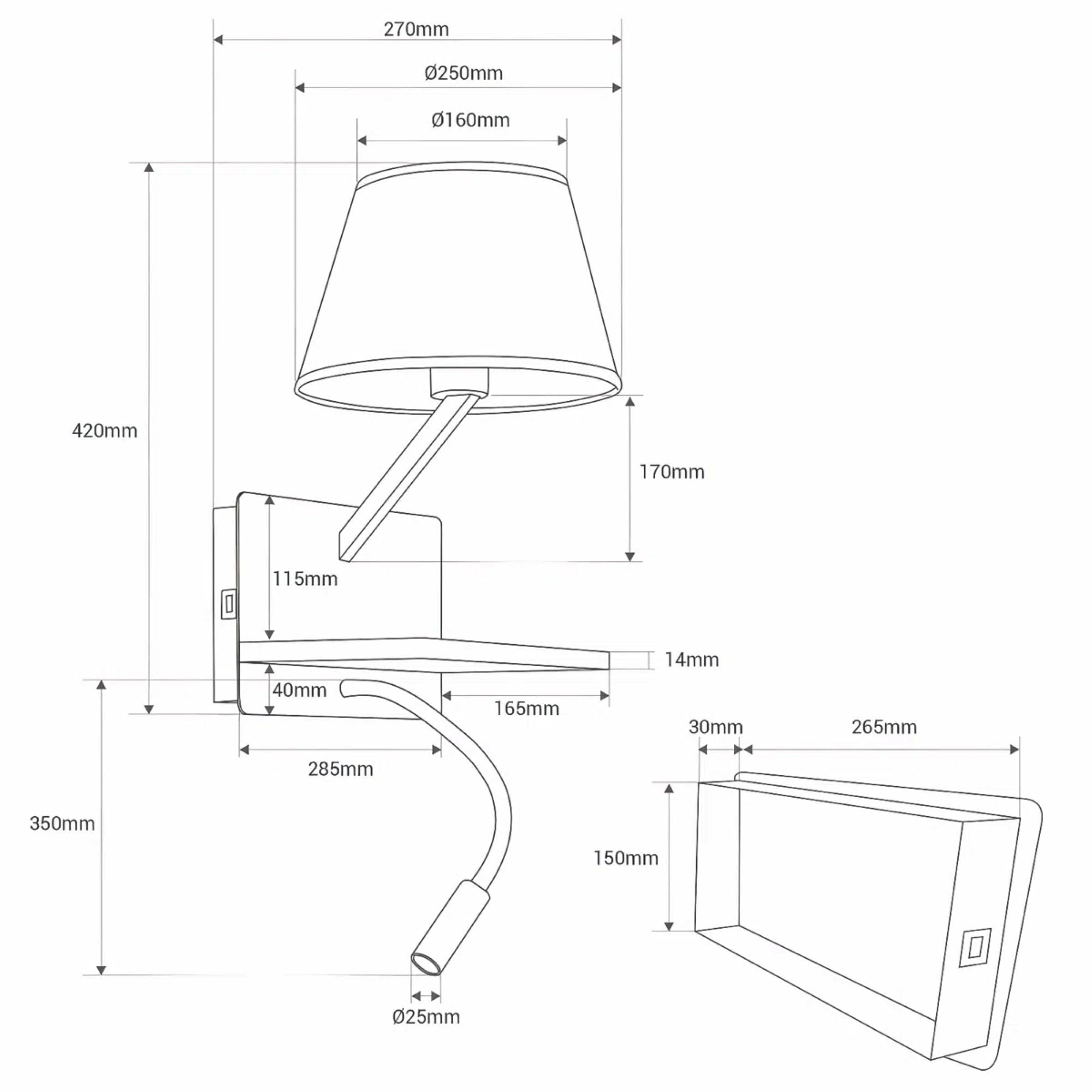 Dual-Light Bedside Shelf Wall Sconce with Reading Light and USB Ports