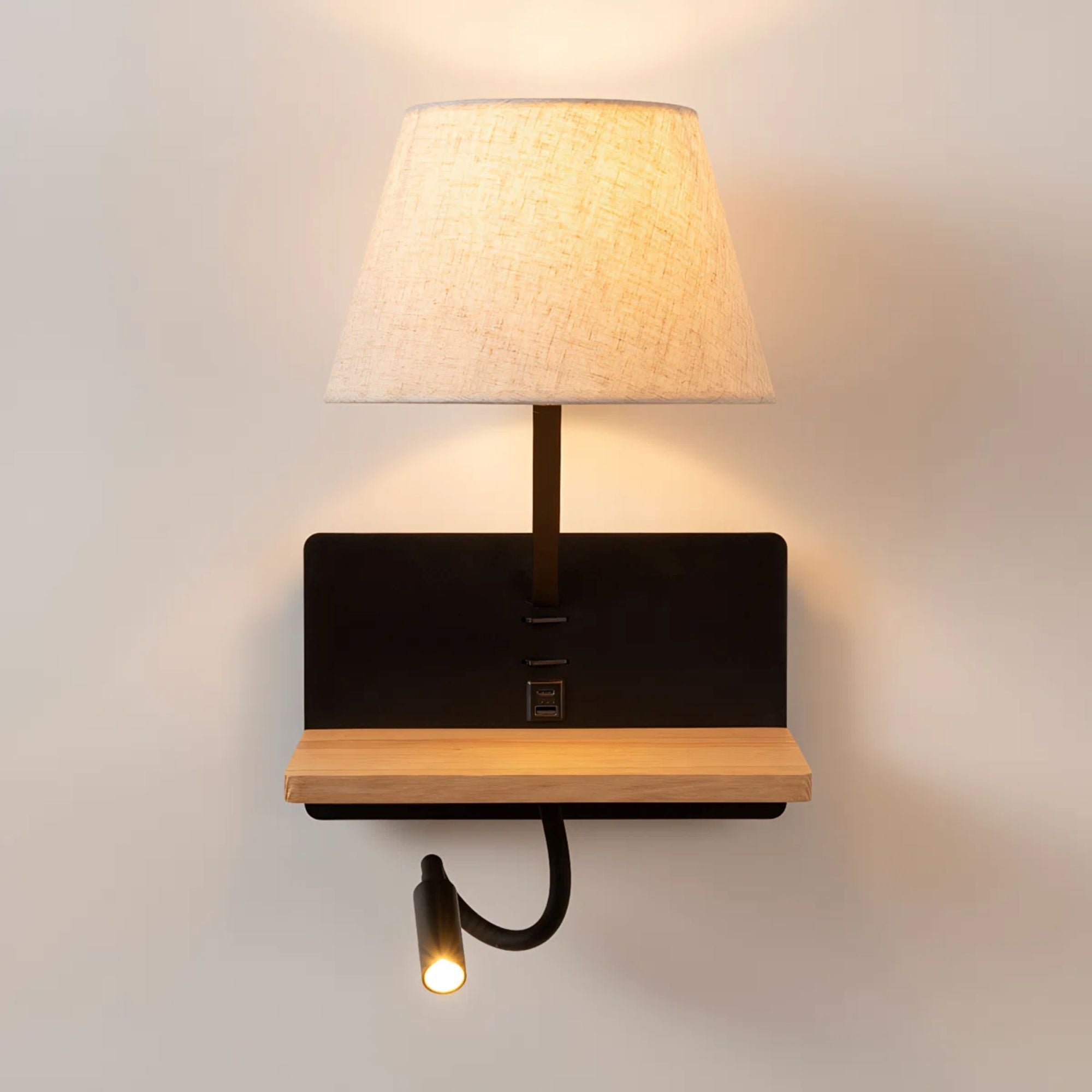 Dual-Light Bedside Shelf Wall Sconce with Reading Light and USB Ports