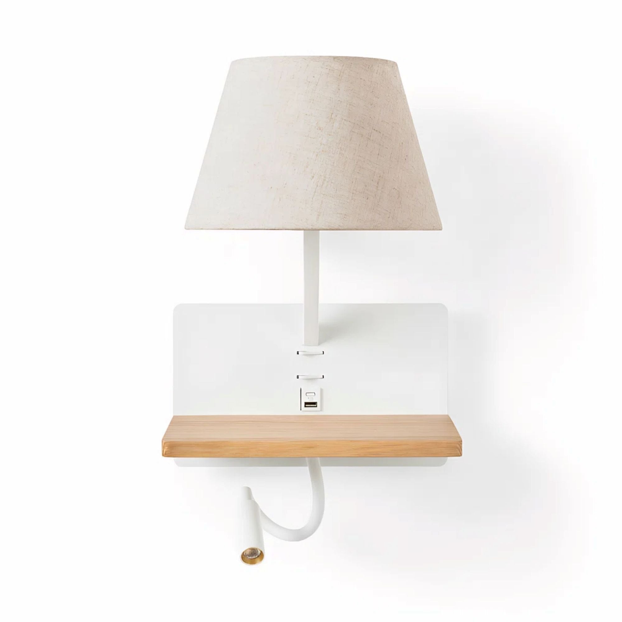 Dual-light bedside shelf wall sconce with fabric shade, reading light, USB ports and natural wood shelf