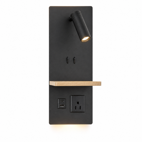 The black wall plate frames an adjustable LED spotlight, with two additional 3W backlights delivering a welcoming warm-white wash. A small wood shelf creates a resting place for glasses or a phone, while USB-A, USB-C, and a built-in outlet add everyday practicality. 