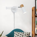 White swing arm plug-in reading wall sconce with natural wood accent