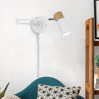 White swing arm plug-in reading wall sconce with natural wood accent