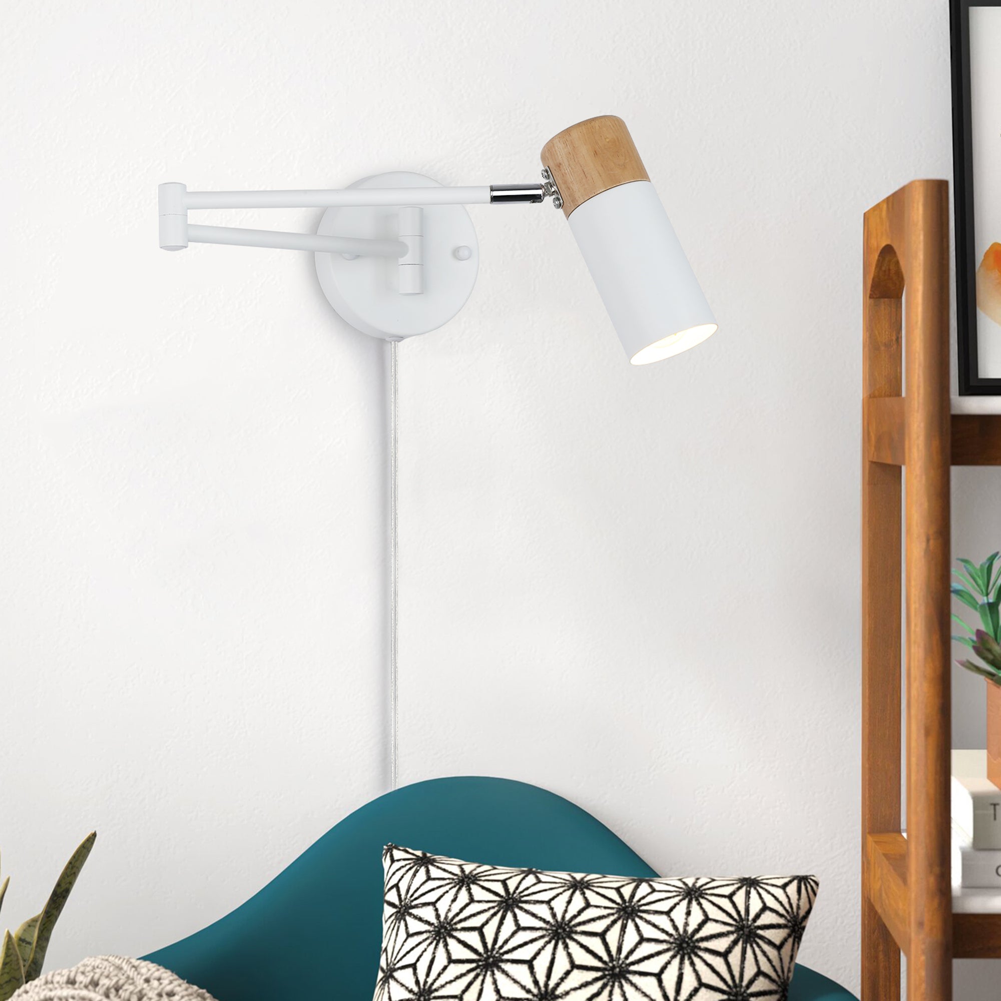 White swing arm plug-in reading wall sconce with natural wood accent