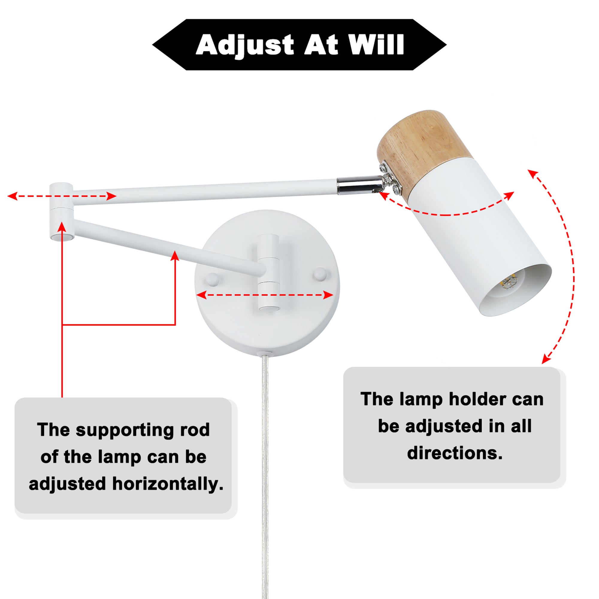 Swing Arm Plug-In Reading Wall Sconce with Wood Accent
