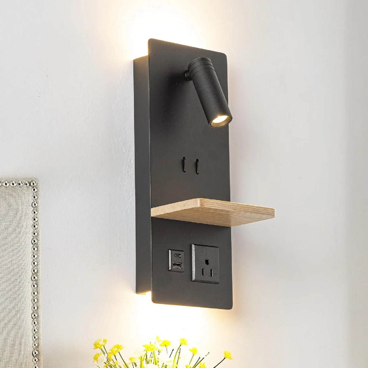 Matte black bedside shelf wall sconce with LED reading light, USB-C port, USB port and US outlet