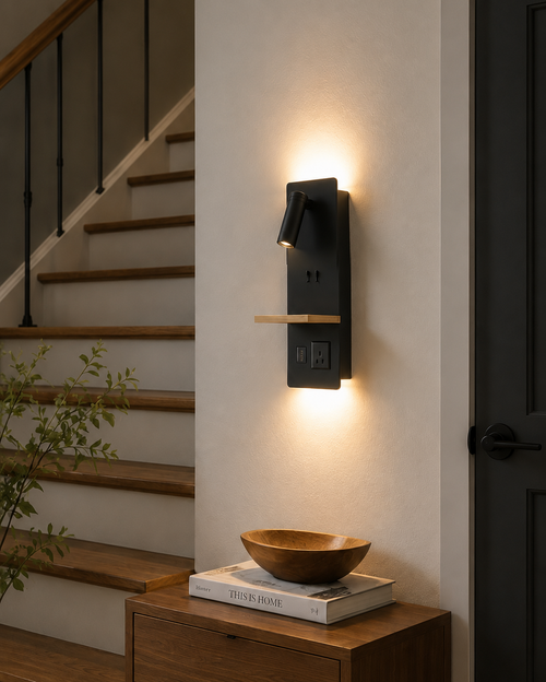 Bedside Shelf Wall Sconce with LED Reading Light, USB-C & Outlet