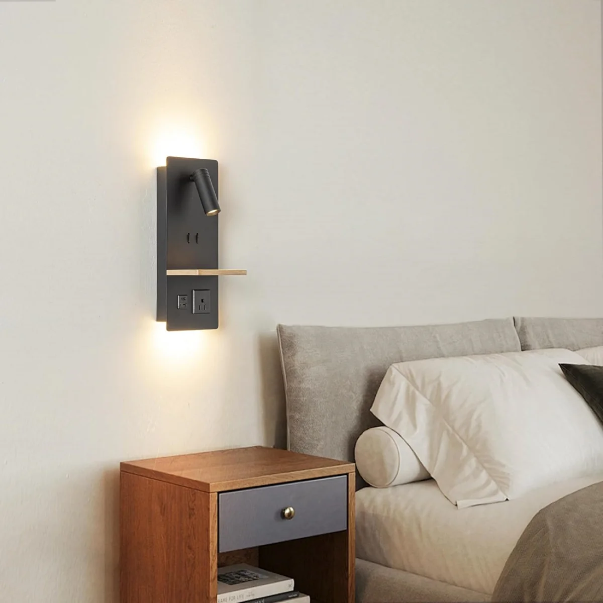 Bedside Shelf Wall Sconce with LED Reading Light, USB-C & Outlet