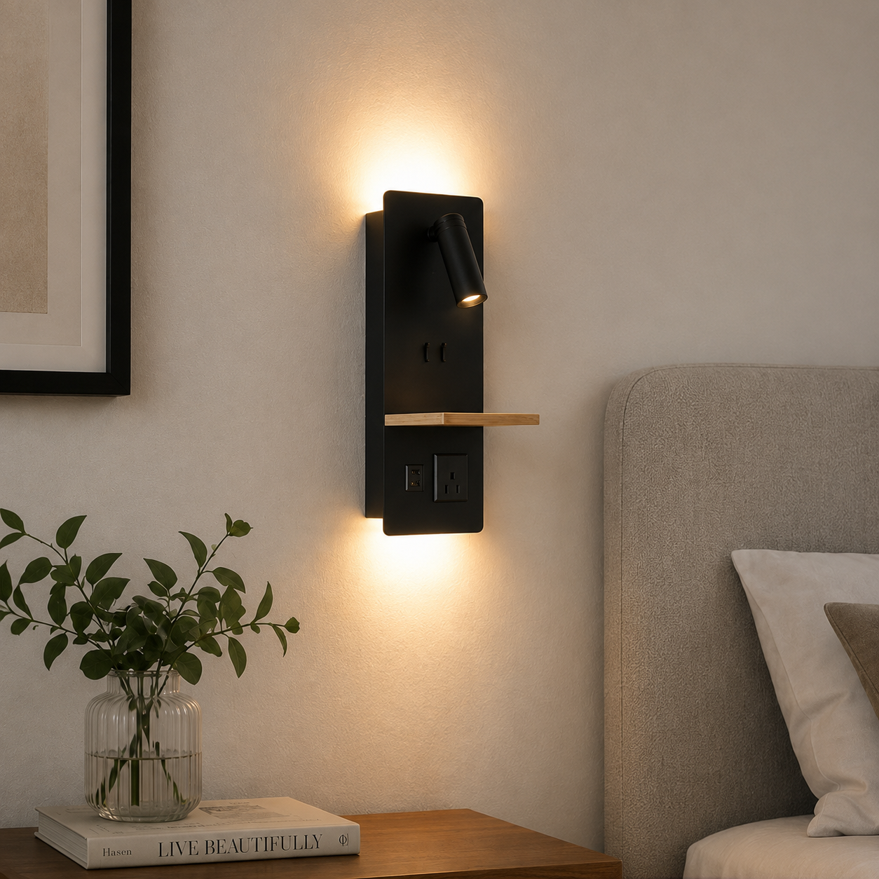 Bedside Shelf Wall Sconce with LED Reading Light, USB-C & Outlet
