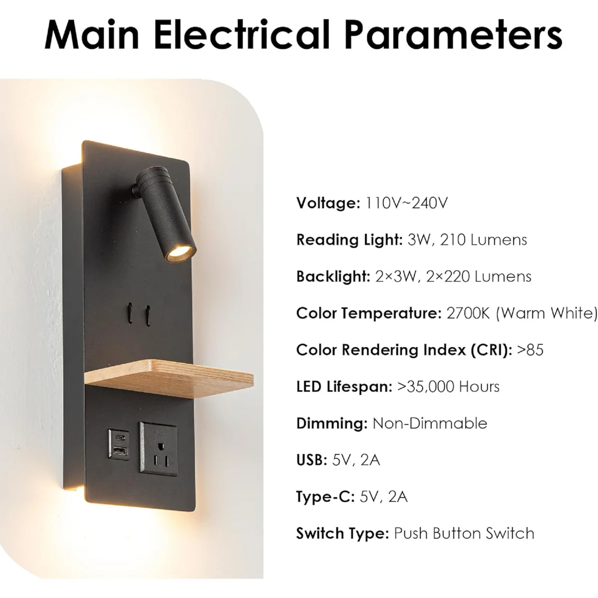 Bedside Shelf Wall Sconce with LED Reading Light, USB-C & Outlet