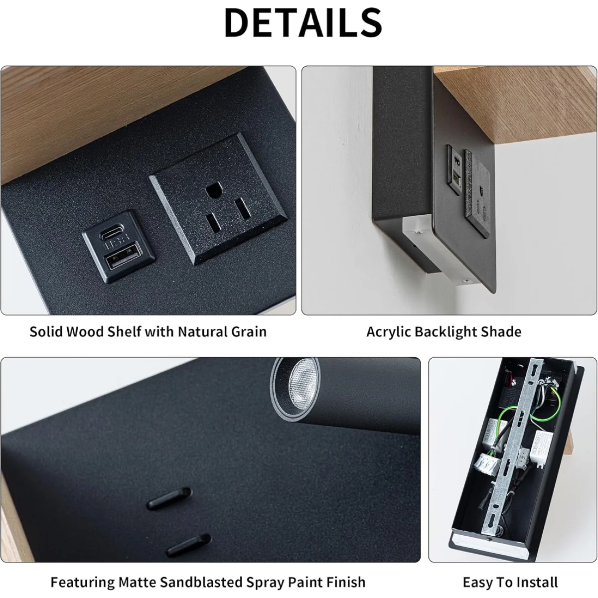 Bedside Shelf Wall Sconce with LED Reading Light, USB-C & Outlet