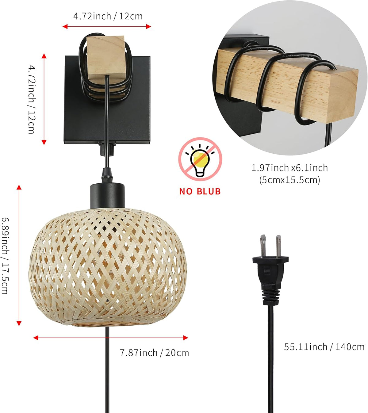 Bamboo Wall Light with E27 socket for Bedroom