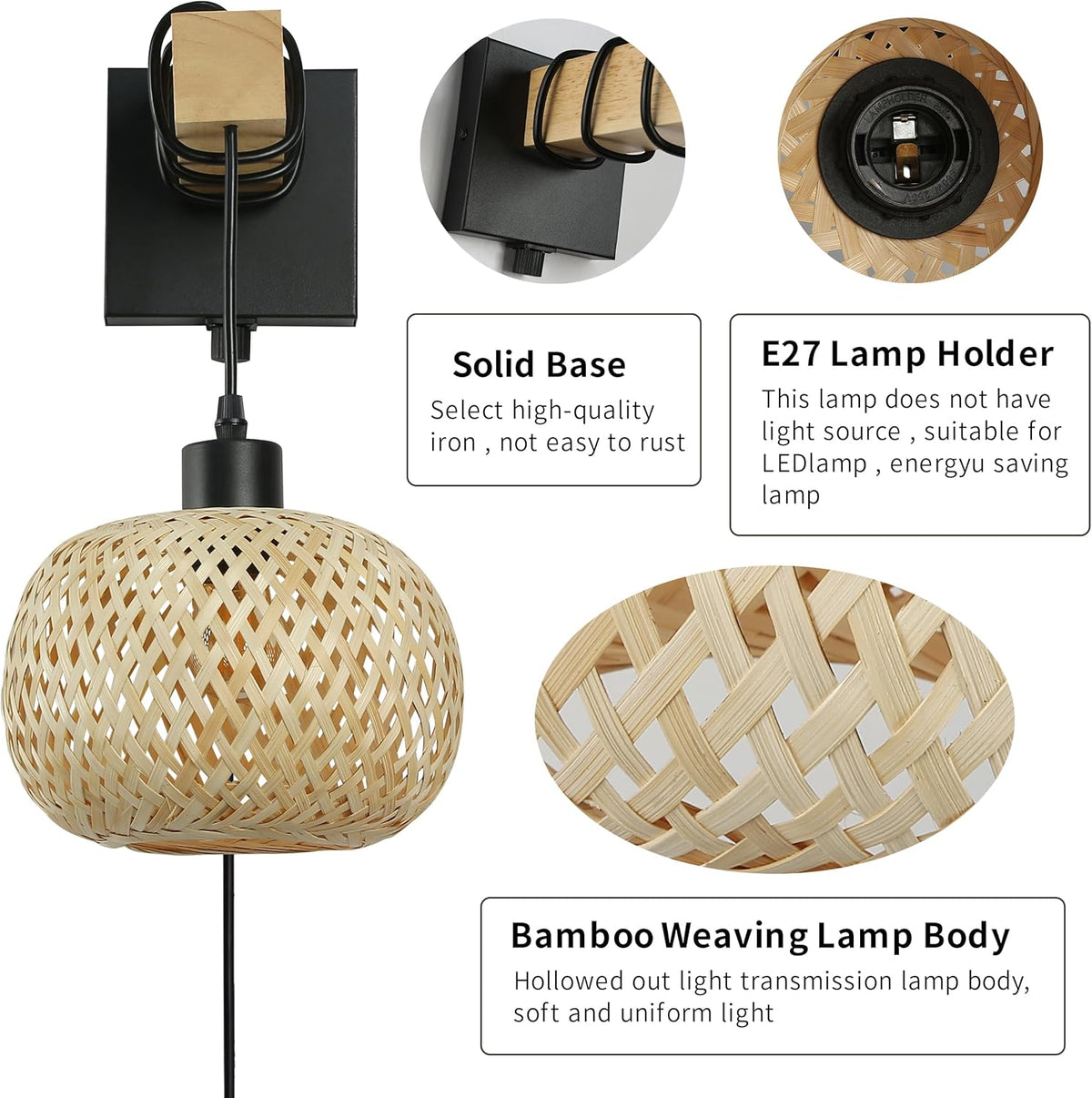 Bamboo Wall Light with E27 socket for Bedroom