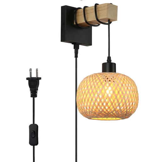 Modern Bedroom Sconce with Handwoven Bamboo Shade