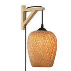 Industrial Woven Bamboo Plug-In Wall Sconce with Wood Bracket
