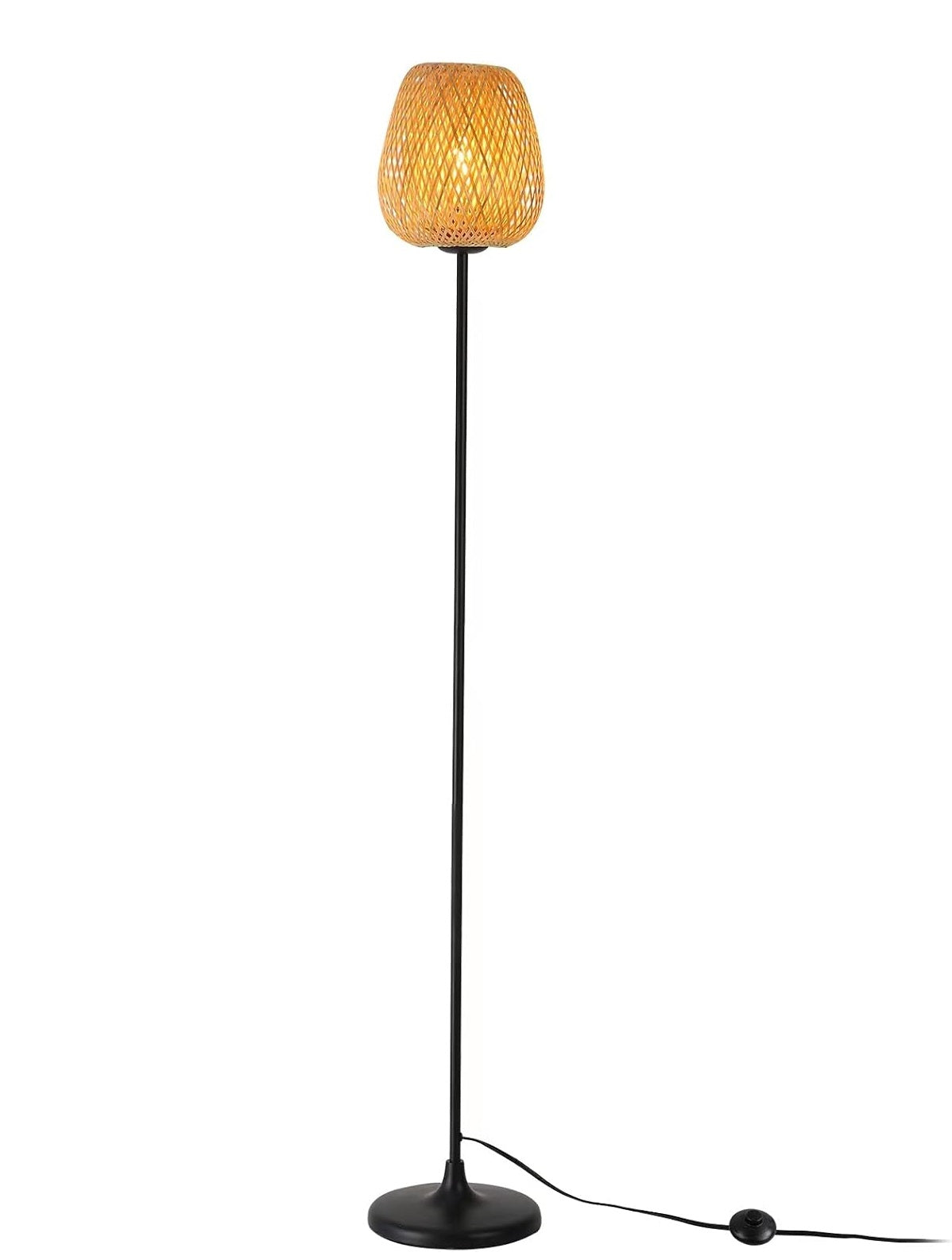 Black Floor Lamp with Natural Woven Cylinder Shade