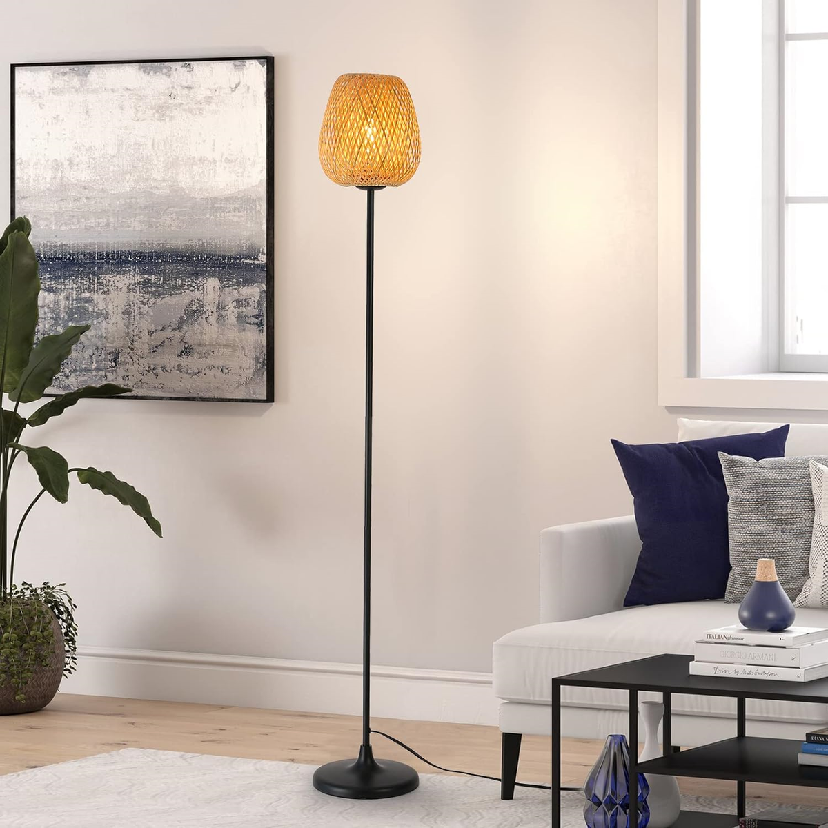 Boho Natural Woven Floor Lamp for Living Room