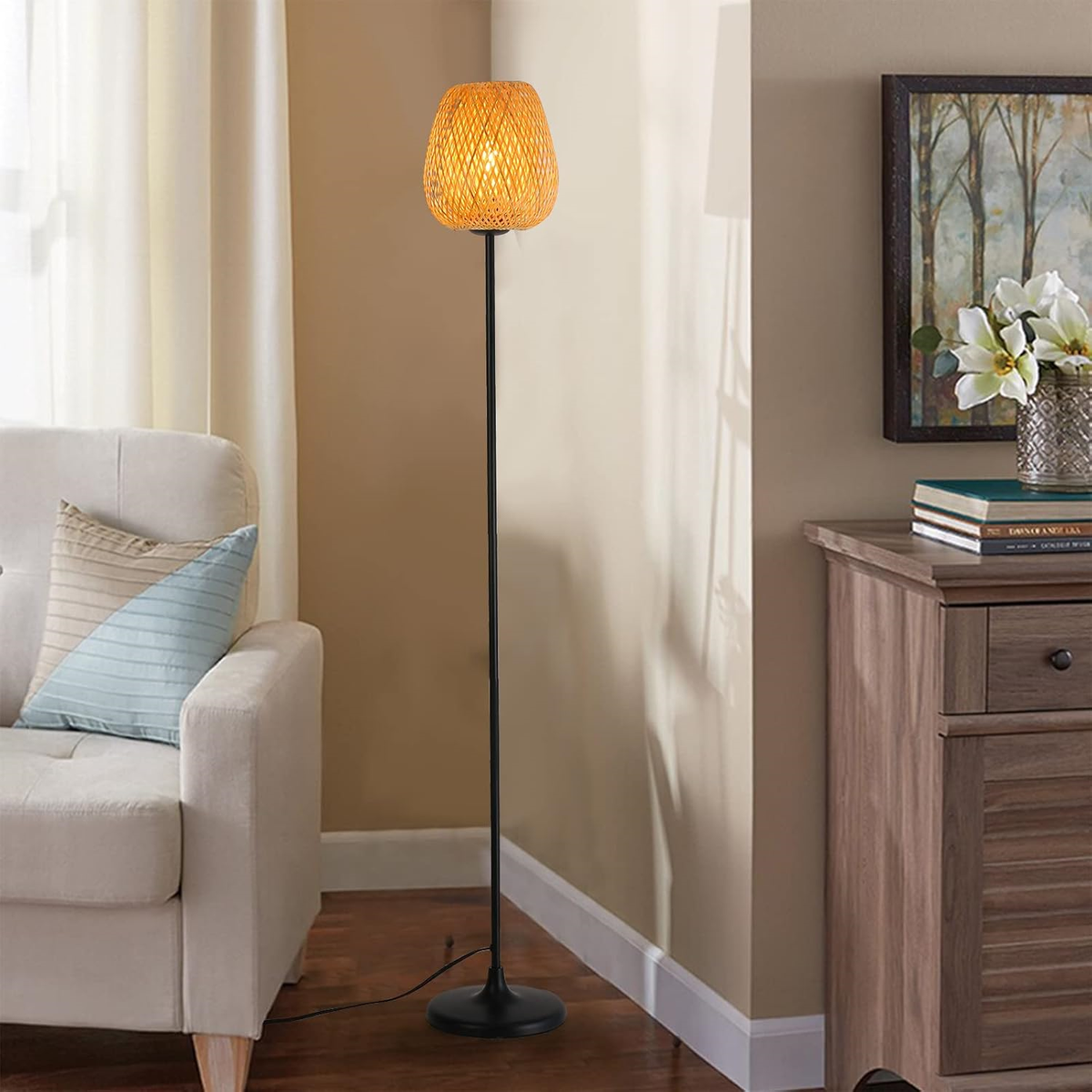 Boho Natural Woven Floor Lamp for Living Room