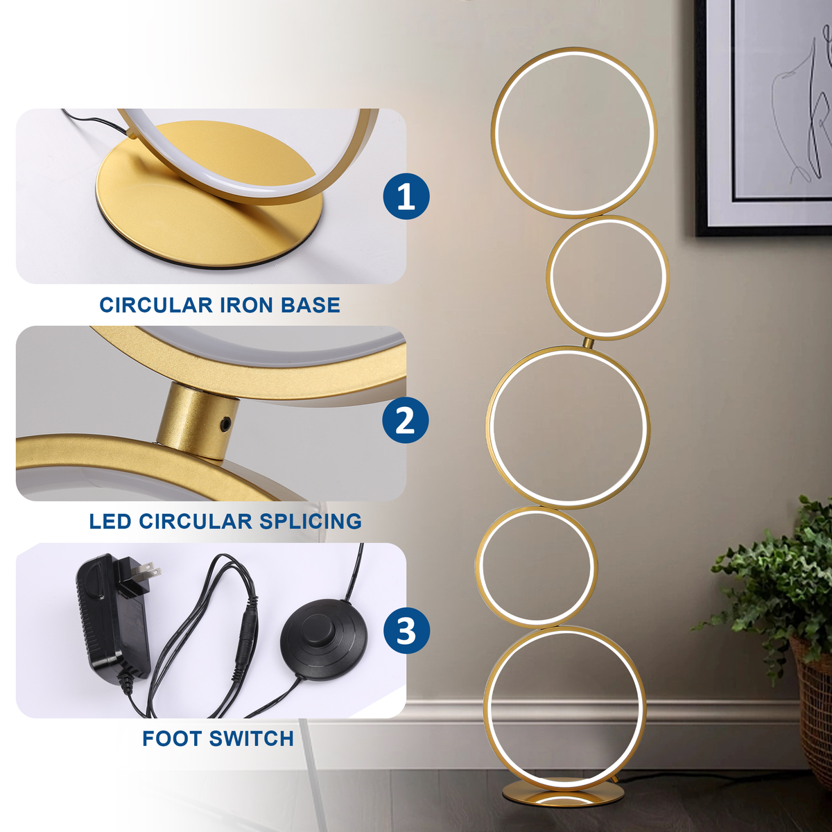 Modern Gold Dimmable LED Ring Floor Lamp for Living Room