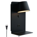 Black Plug-In LED Wall Sconce with Shelf and USB Port for Bedroom