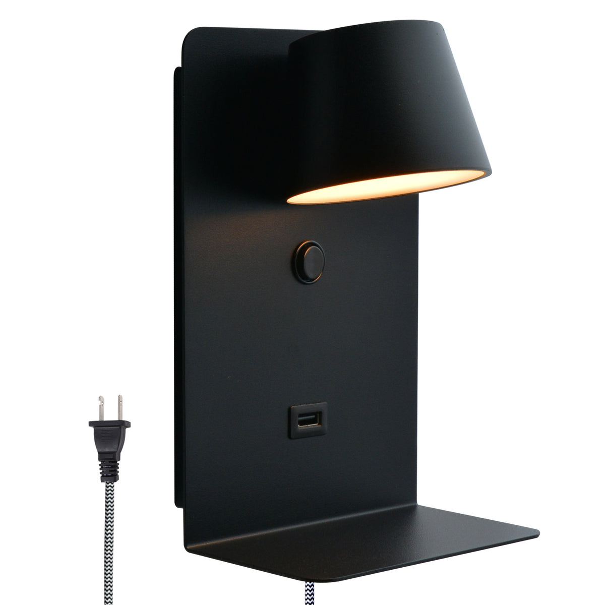 Black Plug-In LED Wall Sconce with Shelf and USB Port for Bedroom